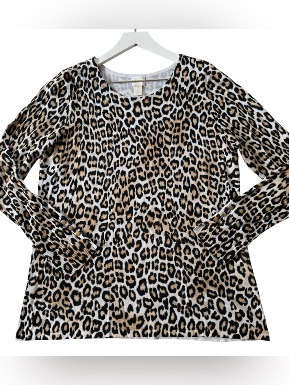 Chico’s Womens Sweater Top Size Large Black Brown Animal Leopard Long Sleeves - Picture 9 of 9